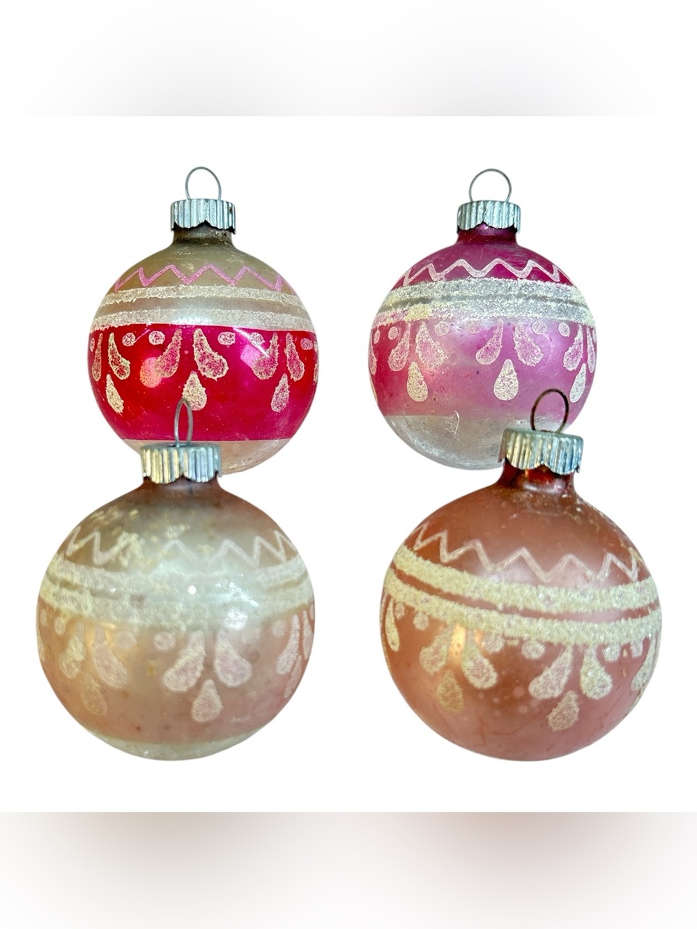 4 Vintage Shiny Brite Unsilvered Pink & White Mica Glass Ball Christmas Ornament
